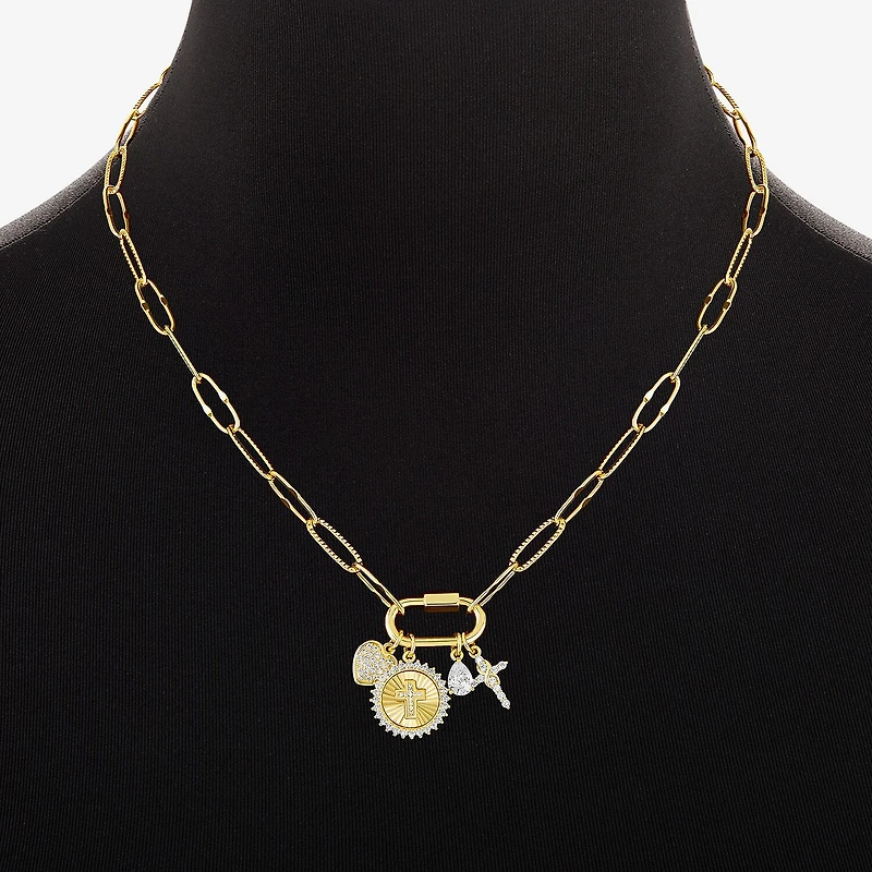 Sparkle Allure Carabiner Charm Womens White Cubic Zirconia 14K Gold Over Brass Cross Heart Paperclip 18 Inch Pendant Necklace