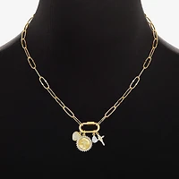 Sparkle Allure Carabiner Charm Womens White Cubic Zirconia 14K Gold Over Brass Cross Heart Paperclip 18 Inch Pendant Necklace