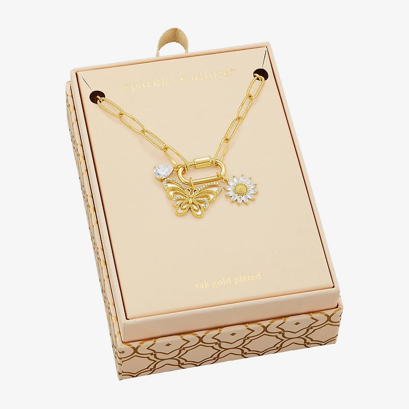Sparkle Allure Carabiner Charm Womens White Cubic Zirconia 14K Gold Over Brass Butterfly Flower Paperclip 18 Inch Pendant Necklace