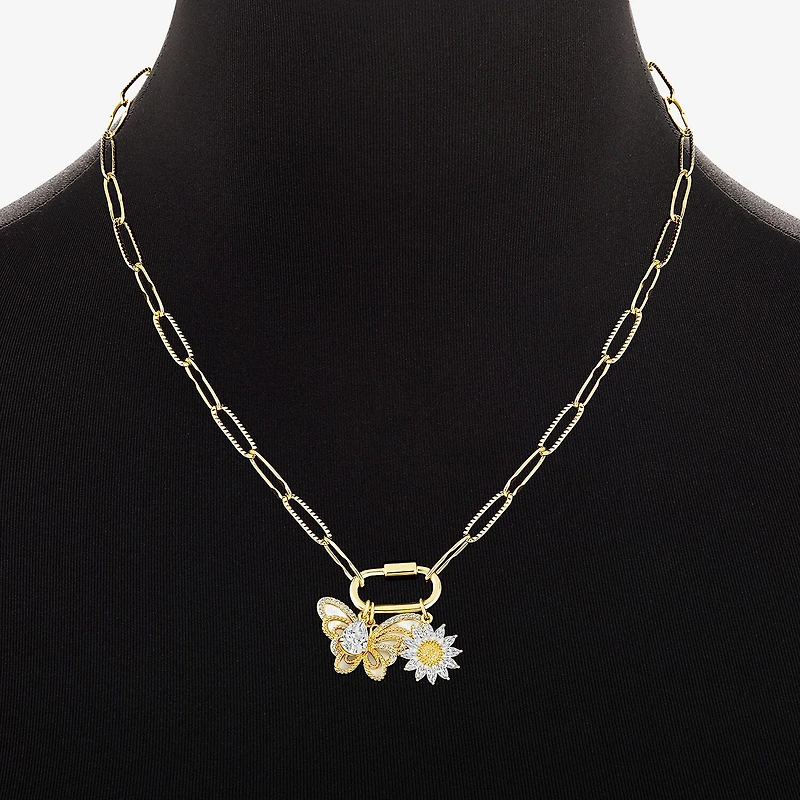 Sparkle Allure Carabiner Charm Womens White Cubic Zirconia 14K Gold Over Brass Butterfly Flower Paperclip 18 Inch Pendant Necklace