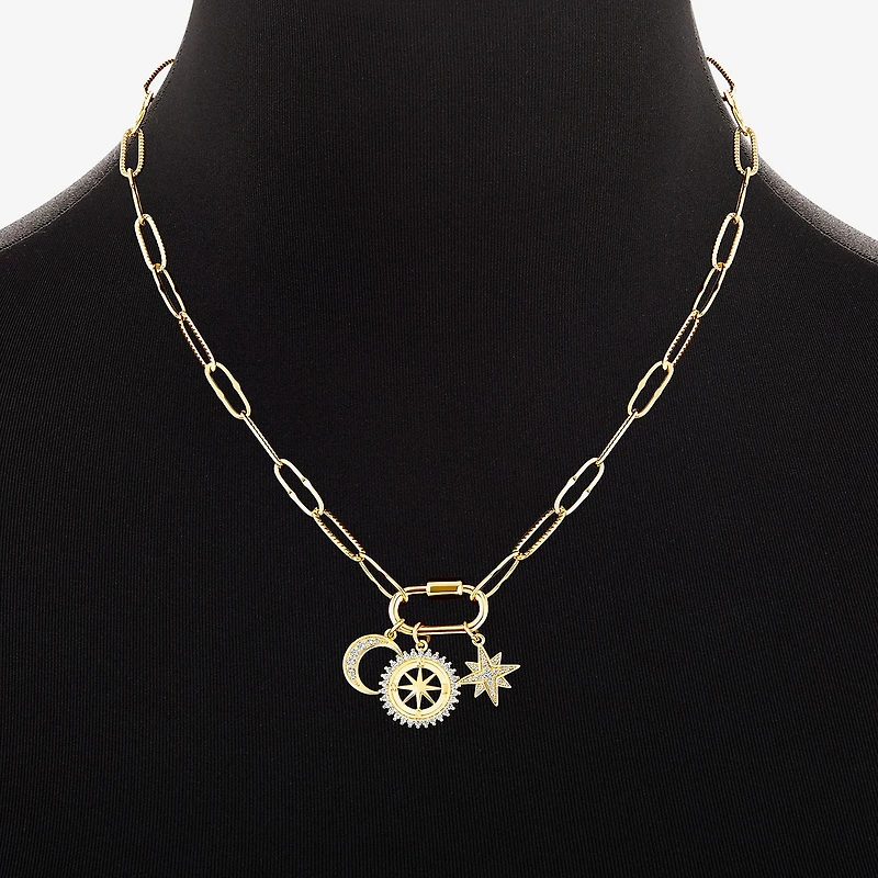 Sparkle Allure Carabiner Charm Womens White Cubic Zirconia 14K Gold Over Brass Moon Paperclip Star 18 Inch Pendant Necklace