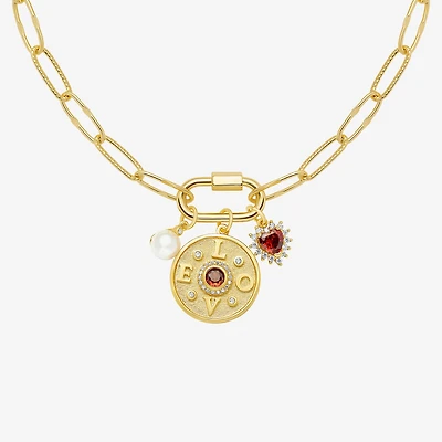 Sparkle Allure Love Carabiner Charm Womens Red Cubic Zirconia 14K Gold Over Brass Heart Paperclip 18 Inch Pendant Necklace