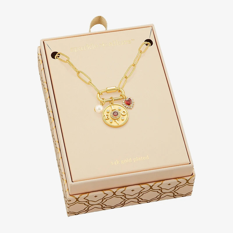 Sparkle Allure Love Carabiner Charm Womens Red Cubic Zirconia 14K Gold Over Brass Heart Paperclip 18 Inch Pendant Necklace