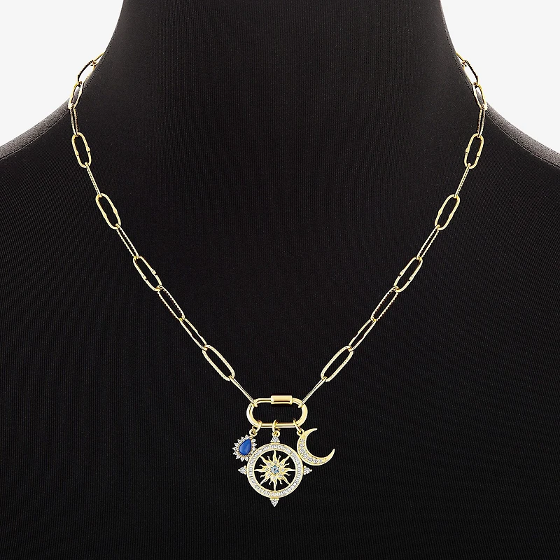 Sparkle Allure Carabiner Charm Womens Blue Cubic Zirconia 14K Gold Over Brass Moon Paperclip Sunburst 18 Inch Pendant Necklace