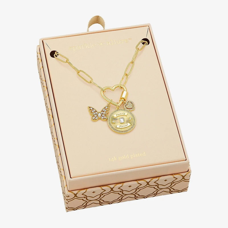 Sparkle Allure Family Carabiner Charm Womens White Cubic Zirconia 14K Gold Over Brass Butterfly Heart Paperclip 18 Inch Pendant Necklace