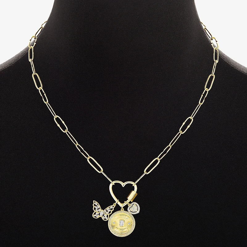 Sparkle Allure Family Carabiner Charm Womens White Cubic Zirconia 14K Gold Over Brass Butterfly Heart Paperclip 18 Inch Pendant Necklace