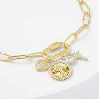 Sparkle Allure Carabiner Womens White Cubic Zirconia 14K Gold Over Brass Cross Heart Charm Bracelet
