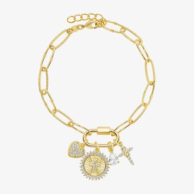 Sparkle Allure Carabiner Womens White Cubic Zirconia 14K Gold Over Brass Cross Heart Charm Bracelet