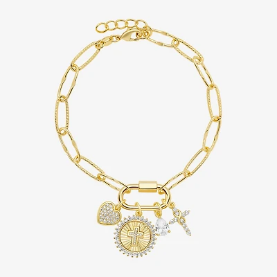 Sparkle Allure Carabiner Womens White Cubic Zirconia 14K Gold Over Brass Cross Heart Charm Bracelet