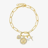 Sparkle Allure Carabiner Womens White Cubic Zirconia 14K Gold Over Brass Cross Heart Charm Bracelet