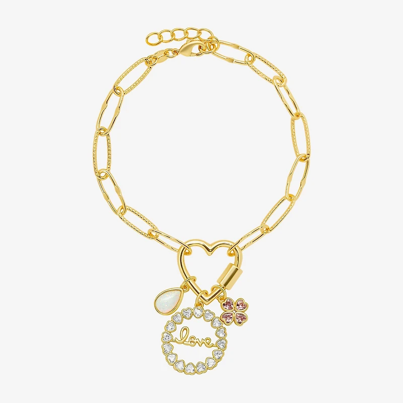 Sparkle Allure Love Carabiner Womens Pink Cubic Zirconia 14K Gold Over Brass Flower Charm Bracelet