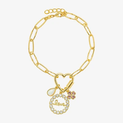 Sparkle Allure Love Carabiner Womens Pink Cubic Zirconia 14K Gold Over Brass Flower Charm Bracelet