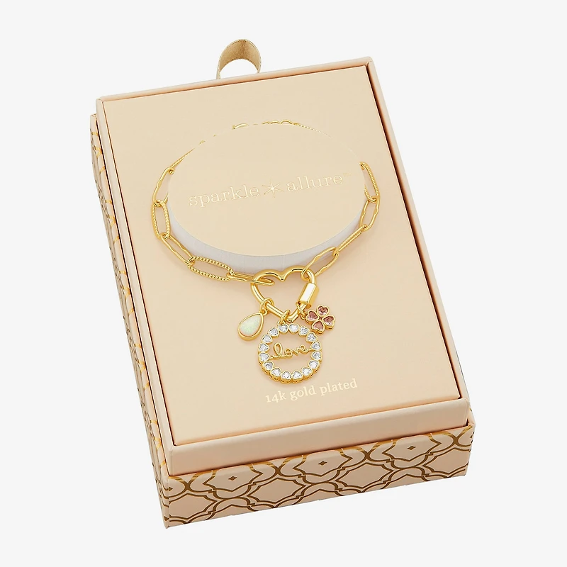 Sparkle Allure Love Carabiner Womens Pink Cubic Zirconia 14K Gold Over Brass Flower Charm Bracelet