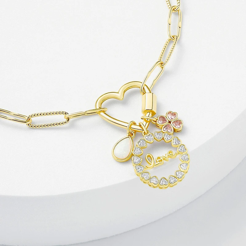 Sparkle Allure Love Carabiner Womens Pink Cubic Zirconia 14K Gold Over Brass Flower Charm Bracelet
