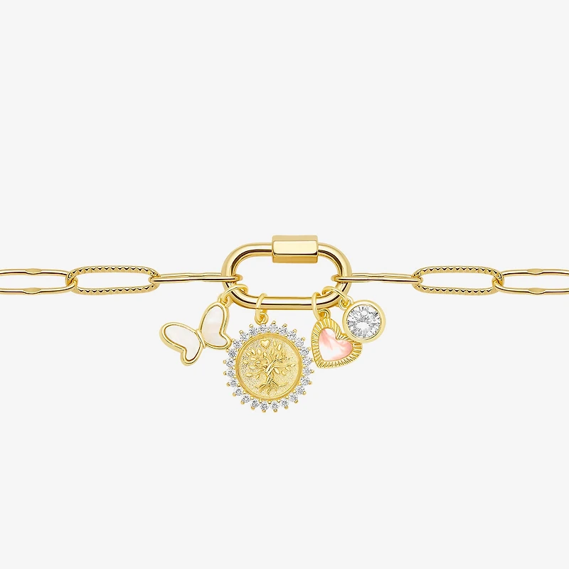 Sparkle Allure Family Carabiner Womens White Cubic Zirconia 14K Gold Over Brass Butterfly Charm Bracelet