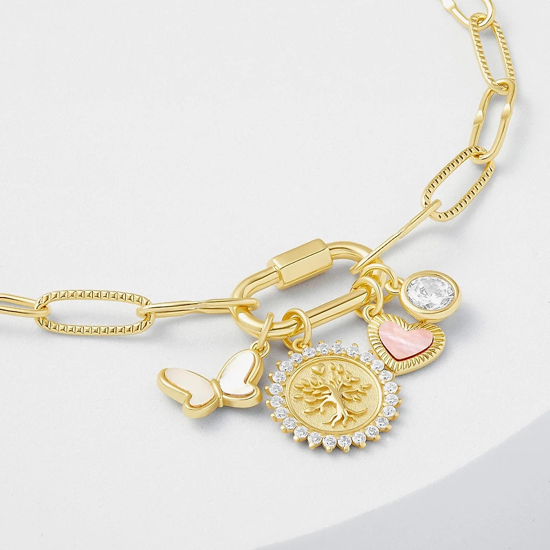 Sparkle Allure Family Carabiner Womens White Cubic Zirconia 14K Gold Over Brass Butterfly Charm Bracelet