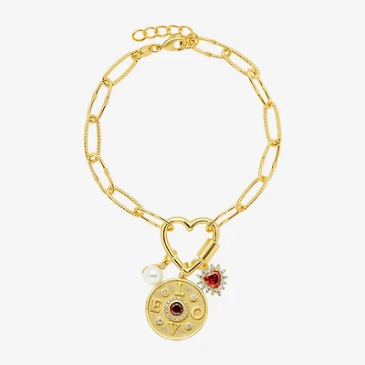 Sparkle Allure Love Carabiner Womens Red Cubic Zirconia 14K Gold Over Brass Heart Charm Bracelet