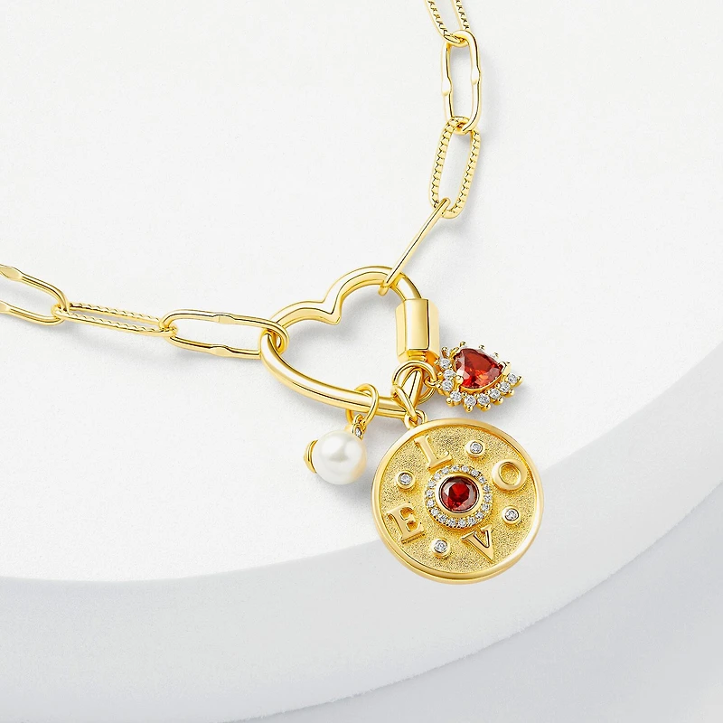 Sparkle Allure Love Carabiner Womens Red Cubic Zirconia 14K Gold Over Brass Heart Charm Bracelet