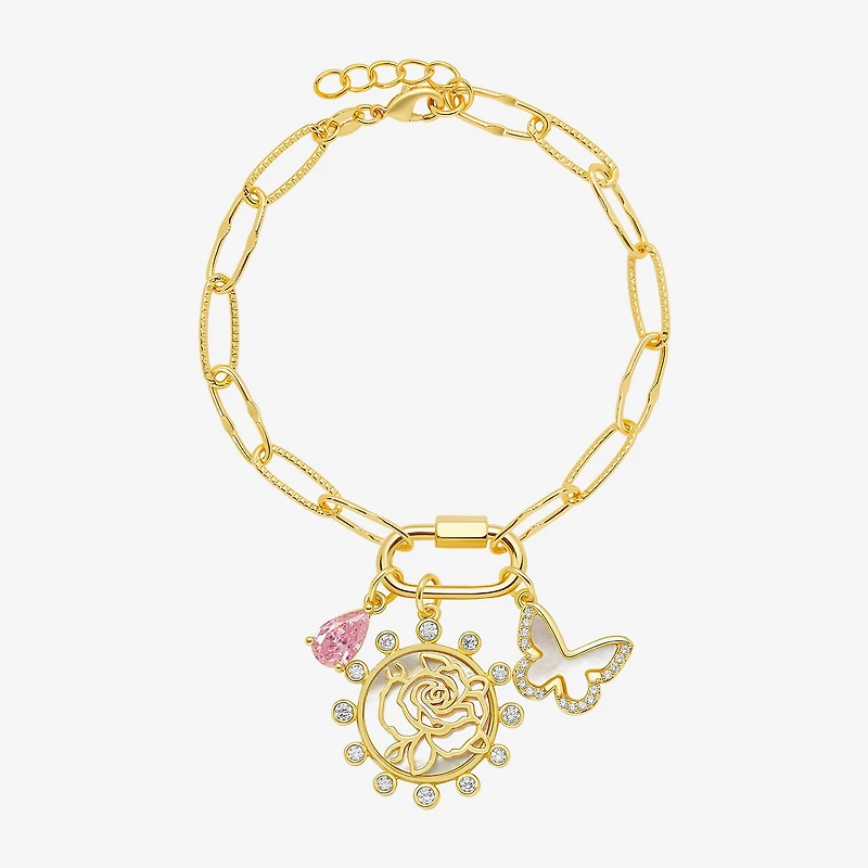Sparkle Allure Carabiner Womens Purple Cubic Zirconia 14K Gold Over Brass Butterfly Flower Charm Bracelet