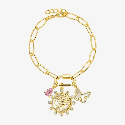 Sparkle Allure Carabiner Womens Purple Cubic Zirconia 14K Gold Over Brass Butterfly Flower Charm Bracelet