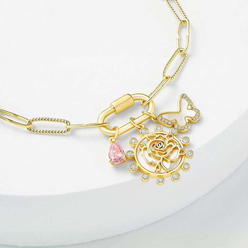 Sparkle Allure Carabiner Womens Purple Cubic Zirconia 14K Gold Over Brass Butterfly Flower Charm Bracelet