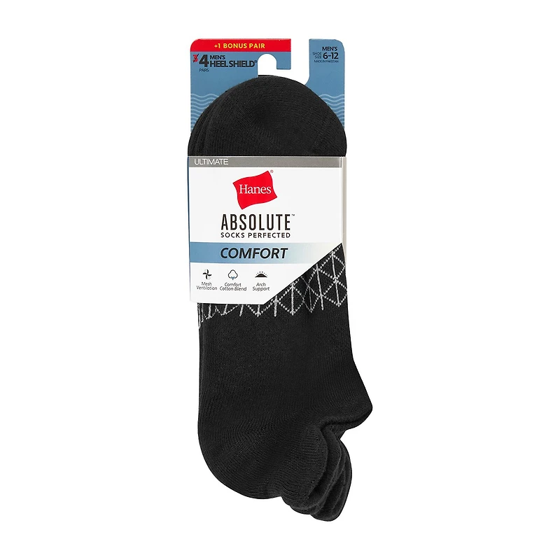 Hanes® Men's Ultimate Absolute Comfort, 3+1 Bonus Pack, No-Show Socks with Heel Shield