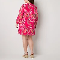 Jessica Howard Womens Plus Split Tie Neck Long Sleeve Floral Shift Dress