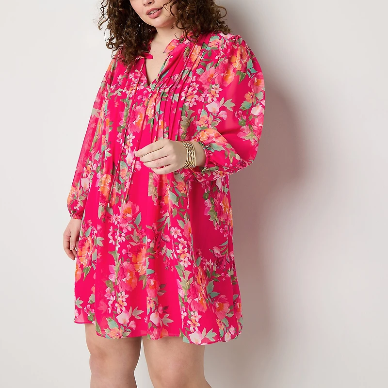 Jessica Howard Womens Plus Split Tie Neck Long Sleeve Floral Shift Dress