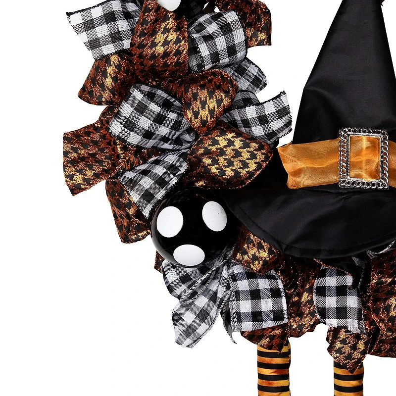 Orange and Black Witch with Bows Halloween Wreath 24-Inch Unlit