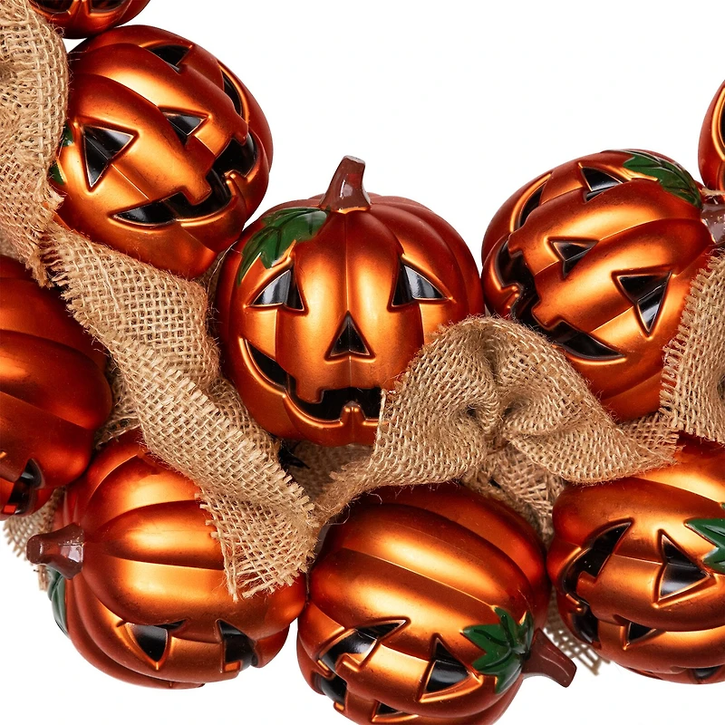Jack-O-Lantern and Burlap Ribbon Halloween Wreath 20-Inch Unlit