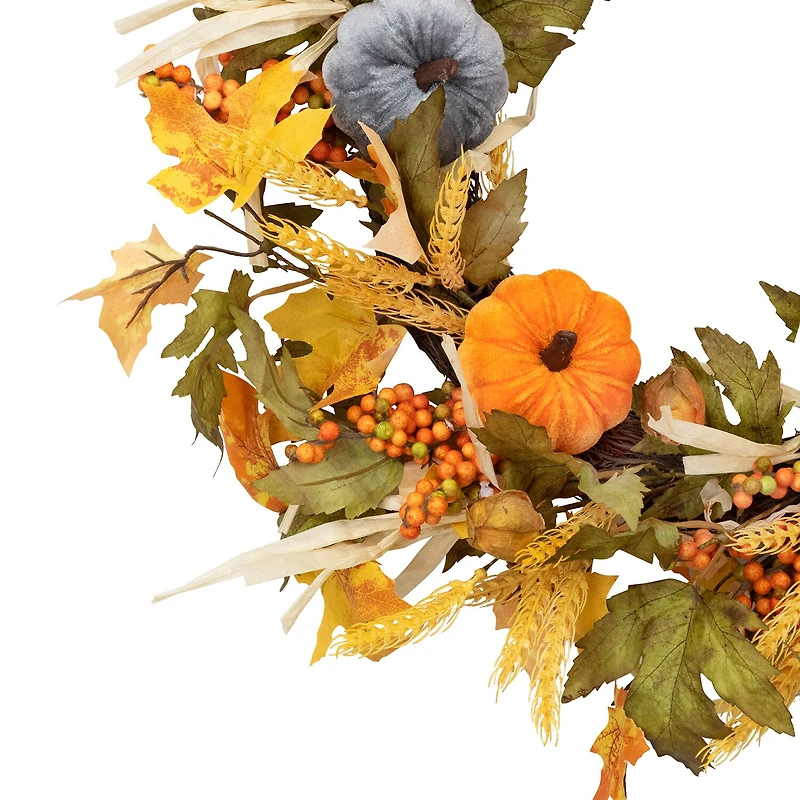 Northlight Velvet Pumpkins And Wheat Artificial Fall Harvest 24-Inch Unlit Wreath