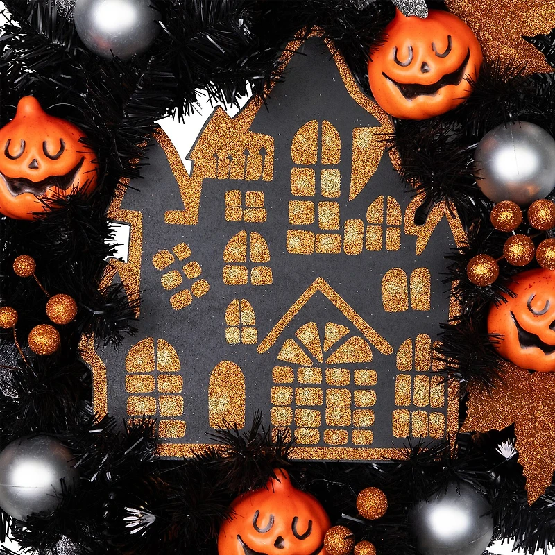 Northlight 24in Orange And Black Haunted House Wreath