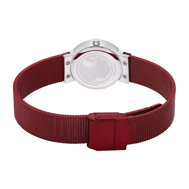 Bering Womens Crystal Accent Red Stainless Steel Bracelet Watch 10126-303