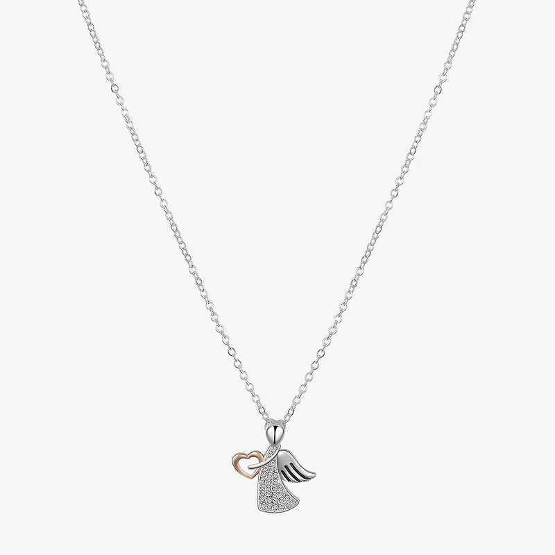 Gratitude & Grace Womens Crystal Pure Silver Over Brass Angel Heart 16 Inch Pendant Necklace