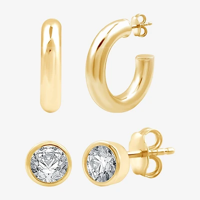 Yes, Please! Womens Lab Created White Sapphire 14K Gold Over Silver Sterling Silver Round 2 Pair Earring Set