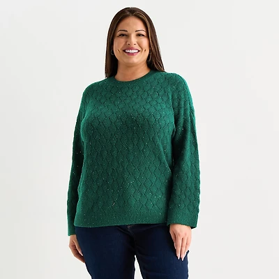 Liz Claiborne Plus Womens Crew Neck Long Sleeve Pullover Sweater