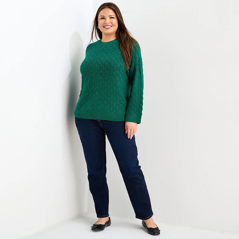 Liz Claiborne Plus Womens Crew Neck Long Sleeve Pullover Sweater