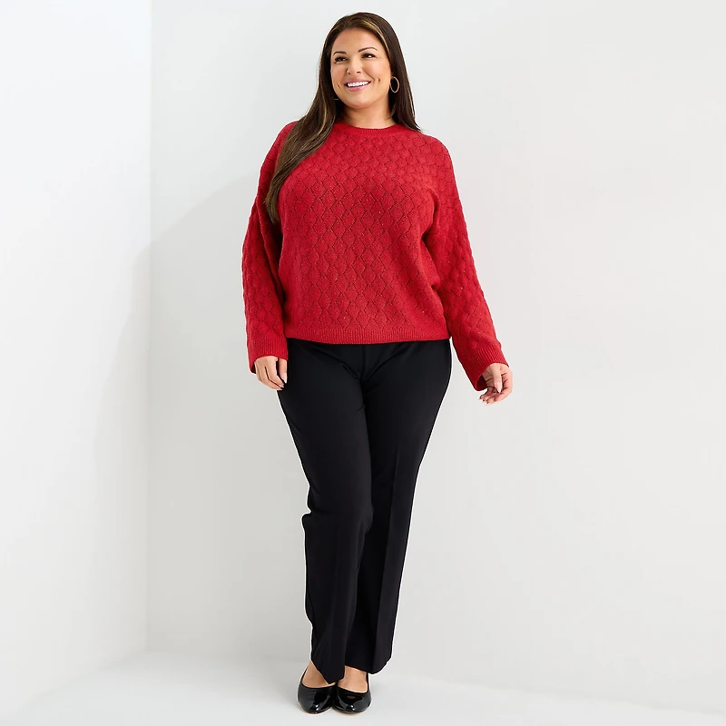 Liz Claiborne Plus Womens Crew Neck Long Sleeve Pullover Sweater