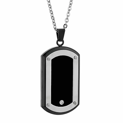 Mens White Cubic Zirconia Stainless Steel Dog Tag Inch Pendant Necklace
