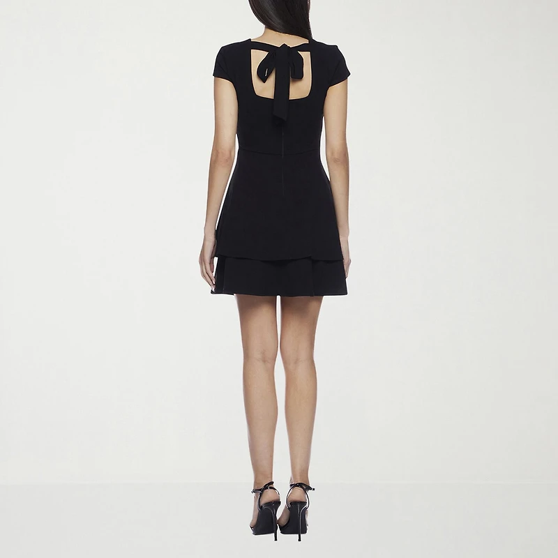 B. Smart Bow Back Womens Juniors Crew Neck Short Sleeve Cap Fit + Flare Dress