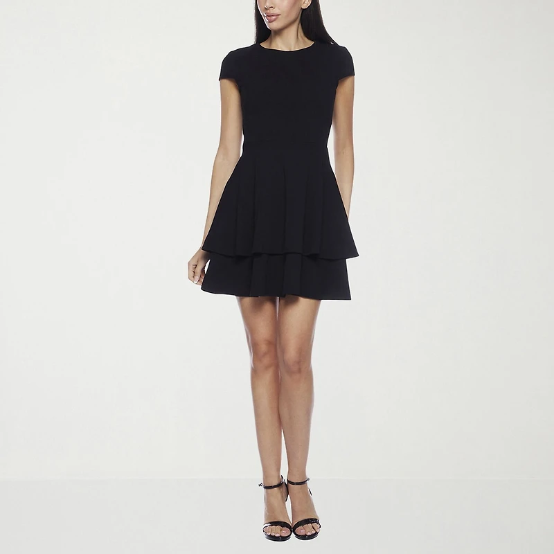 B. Smart Bow Back Womens Juniors Crew Neck Short Sleeve Cap Fit + Flare Dress