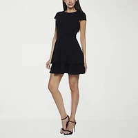 B. Smart Bow Back Womens Juniors Crew Neck Short Sleeve Cap Fit + Flare Dress