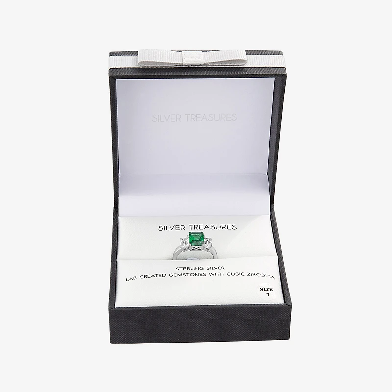 Silver Treasures Lab Created Emerald & Cubic Zirconia Sterling Silver Side Stone Cocktail Ring
