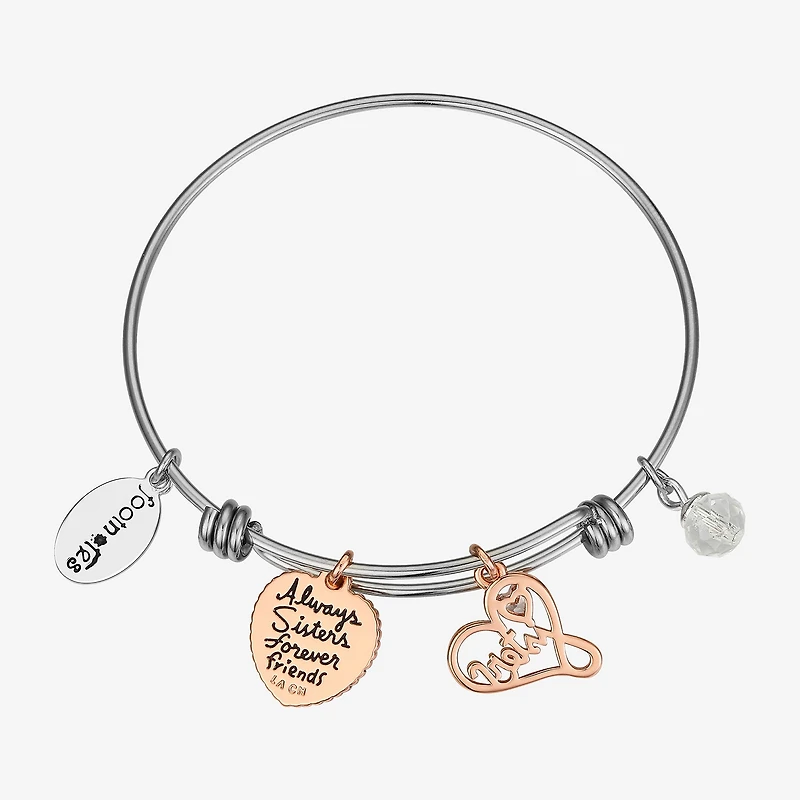 Footnotes Sisters Womens Crystal Stainless Steel Heart Bangle Bracelet