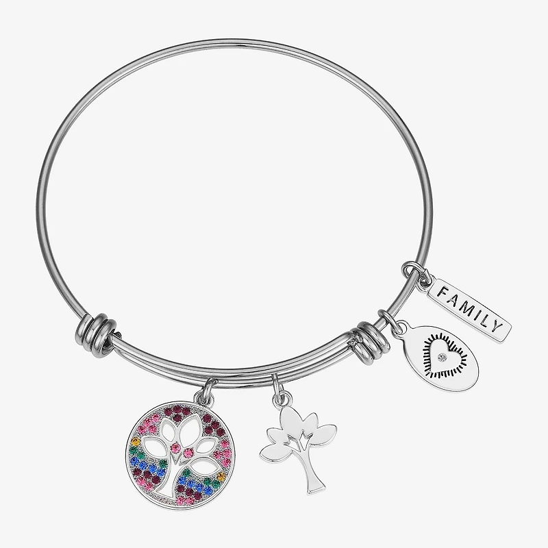 Footnotes Family Tree Womens Multi Color Crystal Stainless Steel Round Bangle Bracelet