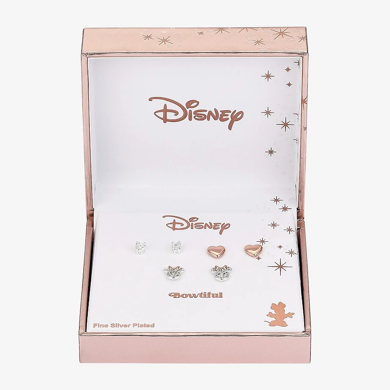 Disney Classics Stud Womens Cubic Zirconia Heart Minnie Mouse 3 Pair Earring Set