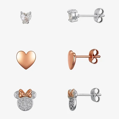Disney Classics Stud Womens Cubic Zirconia Heart Minnie Mouse 3 Pair Earring Set