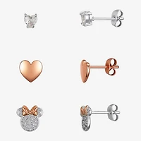 Disney Classics Stud Womens Cubic Zirconia Heart Minnie Mouse 3 Pair Earring Set