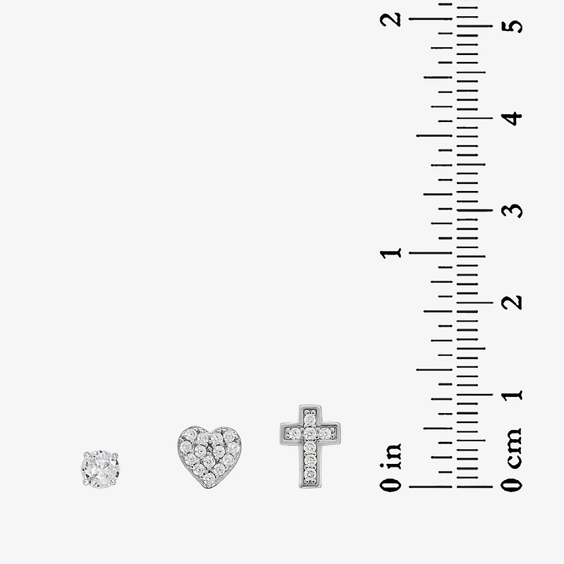 Womens Cubic Zirconia Sterling Silver Heart 3 Pair Earring Set