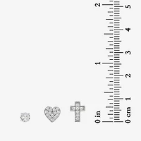 Womens Cubic Zirconia Sterling Silver Heart 3 Pair Earring Set